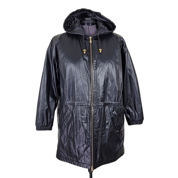 Wilsons Leather Coat Women XL Black Hooded Front Zip Quilted Thinsulate Lining - Picture 1 of 12